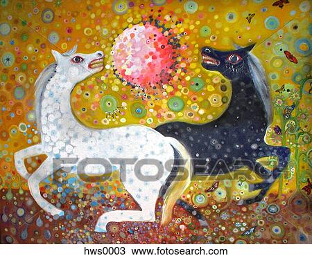 A black and a white horse against a decorative background View Large Illustration Drawing - A black and a white horse against a decorative background. Fotosearch