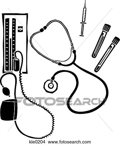 Stock Illustration - A blood pressure sphygmomanometer, a stethoscope, vials of blood and a syringe. Fotosearch