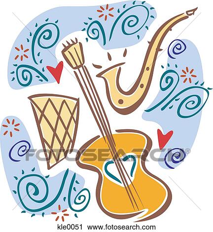 A bongo drum, a guitar and a saxophone View Large Illustration Clip Art - A bongo drum, a guitar and a saxophone. Fotosearch