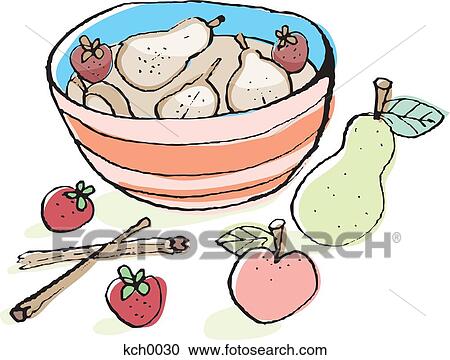 Clipart - A bowl of poached pears and strawberries with cinnamon sticks. Fotosearch
