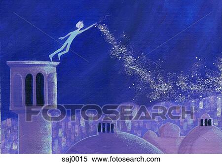 A boy flying over a city at night sprinkling gold dust View Large Illustration Stock Illustration - A boy flying over a city at night sprinkling gold dust. Fotosearch