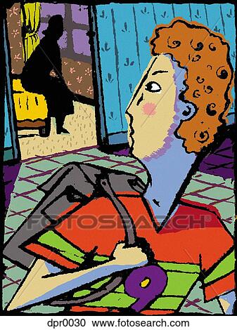 Clipart - A boy looking back at his room and the silhouette of a woman. Fotosearch