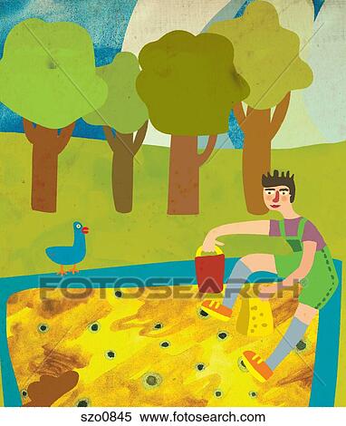 Stock Illustration - A boy playing in a sand box. Fotosearch