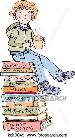 A boy sitting on a stack of books, holding a cup of tea View Large Illustration Stock Illustration - A boy sitting on a stack of books, holding a cup of tea. Fotosearch