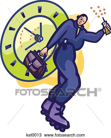 A business man on inline skates in front of a clock View Large Illustration Drawing - A business man on inline skates in front of a clock. Fotosearch