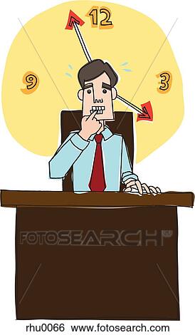 Stock Illustration - A businessman biting his nails at his desk and a large clock behind him. Fotosearch