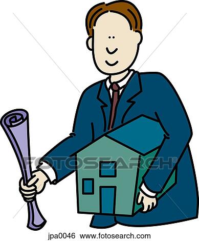 A businessman holding blueprints and a model house View Large Illustration Stock Illustration - A businessman holding blueprints and a model house. Fotosearch
