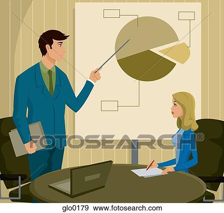 Stock Illustration - A businessman pointing at a pie chart during a presentation and a businesswoman taking notes. Fotosearch
