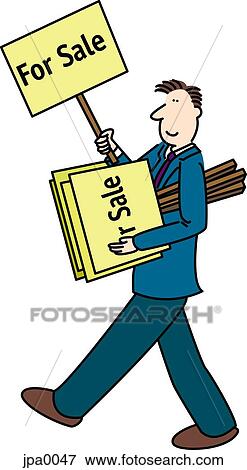 Stock Illustration - A businessman walking and holding a stack of For Sale signs. Fotosearch