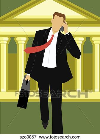 Stock Illustration - A businessman walking with a briefcase talking on the cell phone in front of an institutional style building. Fotosearch