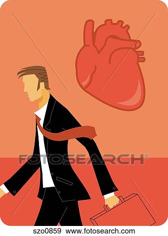Stock Illustration - A businessman walking with his suitcase and a heart. Fotosearch