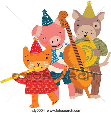 Stock Illustration - A cat, a pig and a dog playing instruments. Fotosearch