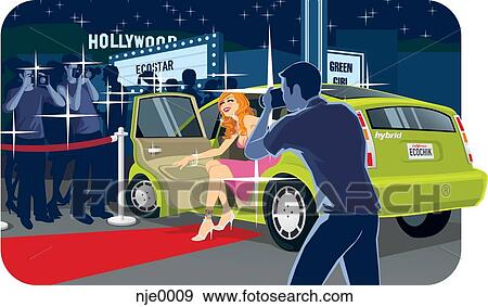 Stock Illustration - A celebrity being photographed getting out of a hybrid green car on the red carpet. Fotosearch