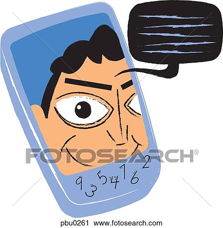 Clip Art - A cell phone with a large video screen and a person talking in the video. Fotosearch