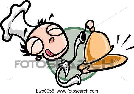 Stock Illustration - A chef lifting the lid off a gold platter. Fotosearch