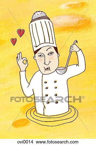Stock Illustration - A chef standing in and tasting soup. Fotosearch