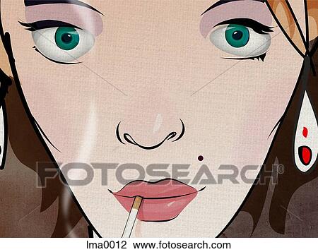 A close up of a woman smoking a cigarette View Large Illustration Drawing - A close up of a woman smoking a cigarette. Fotosearch