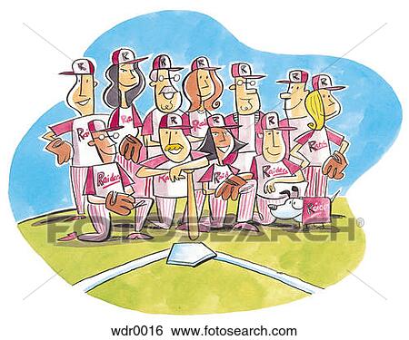 Stock Illustration - A company softball team and their dog mascot. Fotosearch
