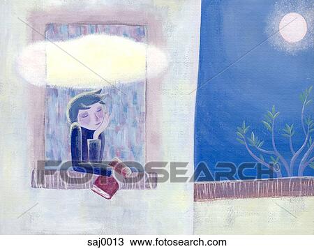 A contemplative man holding a book at his window with a cloud over his head at night View Large Illustration Drawing - A contemplative man holding a book at his window with a cloud over his head at night. Fotosearch