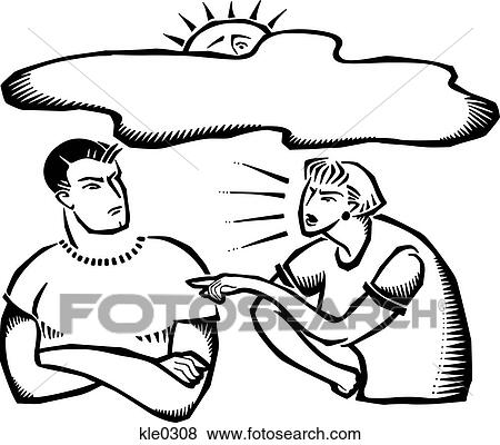 Stock Illustration - A couple arguing and the sun hiding behind a cloud. Fotosearch