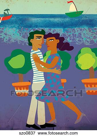 Stock Illustration - A couple dancing with the sea behind them. Fotosearch