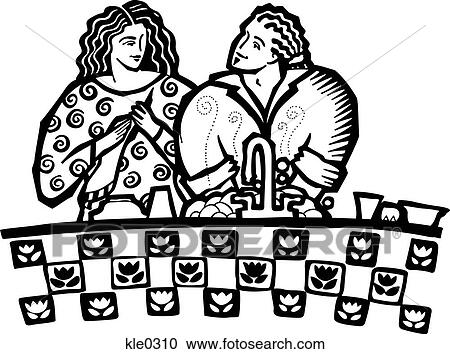 Clipart - A couple doing the dishes together. Fotosearch