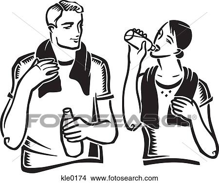 Stock Illustration - A couple drinking water after exercising. Fotosearch
