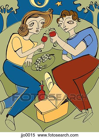 Stock Illustration - A couple having a picnic at night. Fotosearch