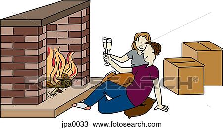 Drawing - A couple having a toast in front of their fireplace in a new house. Fotosearch