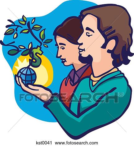 Clip Art - A couple holding a small plant growing out of a globe with a money sign. Fotosearch