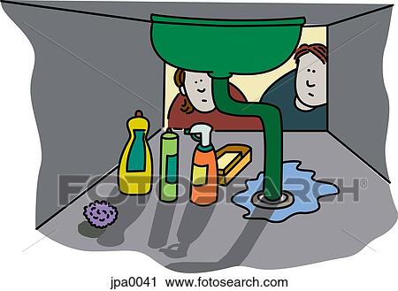 Clip Art - A couple looking at a leaky sink. Fotosearch