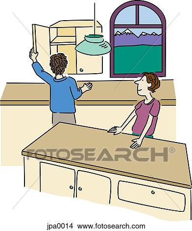 Stock Illustration - A couple looking in an empty kitchen. Fotosearch