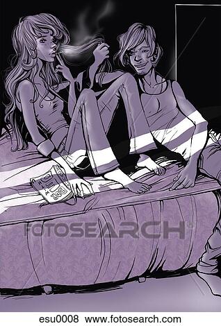 Stock Illustration - A couple relaxing on a bed in the dark. Fotosearch