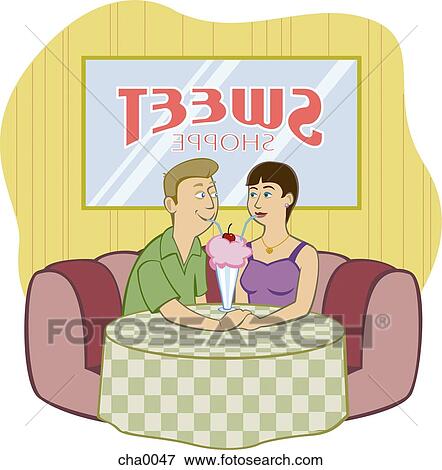 Stock Illustration - A couple sharing a milk shake in a diner. Fotosearch