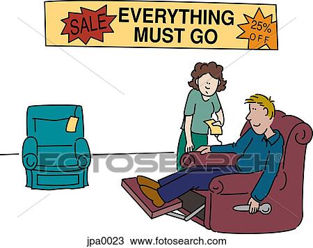 A couple trying out arm chairs at a clearance sale View Large Illustration Drawing - A couple trying out arm chairs at a clearance sale. Fotosearch