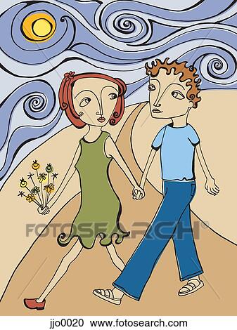 Clipart - A couple walking hand in hand. Fotosearch