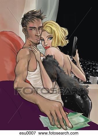 A couple with a gun and money in a high rise building View Large Illustration Stock Illustration - A couple with a gun and money in a high rise building. Fotosearch