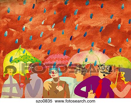 Stock Illustration - A crowd of people standing under umbrellas in the rain. Fotosearch