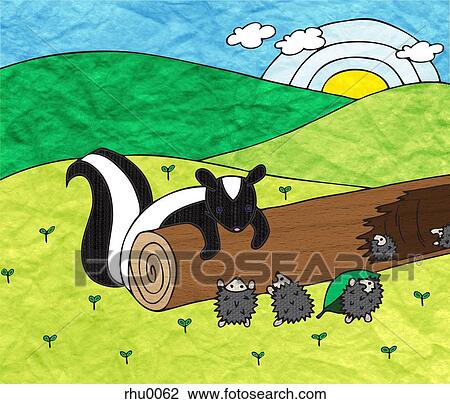 Drawing - A curious skunk scaring a group of hedgehogs. Fotosearch