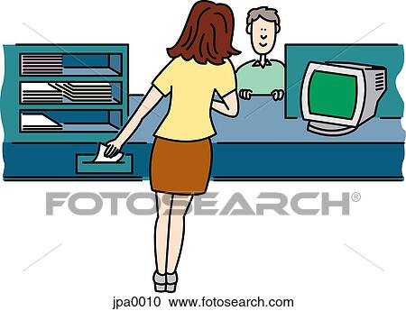 Clipart - A customer at a desk being helped by a woman. Fotosearch