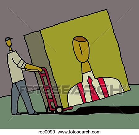 Drawing - A delivery man moving a large box with a businessmans image on it. Fotosearch