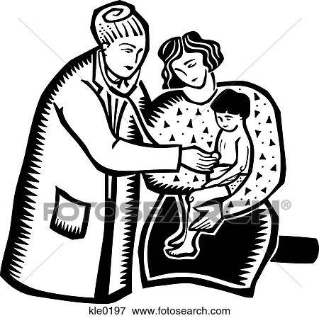 Stock Illustration - A doctor checking a young child with his mother. Fotosearch