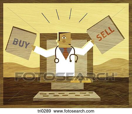 A doctor holding buy and sell signs and sticking out from inside a computer monitor View Large Illustration Stock Illustration - A doctor holding buy and sell signs and sticking out from inside a computer monitor. Fotosearch