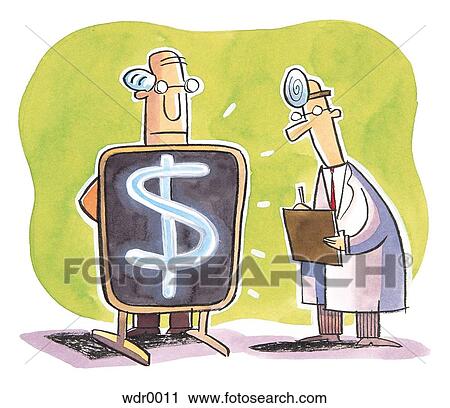 Clip Art - A doctor looking at the x-ray of a businessman and seeing a money symbol. Fotosearch