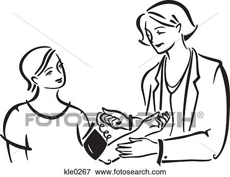 A doctor taking a womans blood pressure View Large Illustration Stock Illustration - A doctor taking a womans blood pressure. Fotosearch