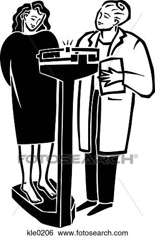Stock Illustration - A doctor weighing a woman on a scale. Fotosearch