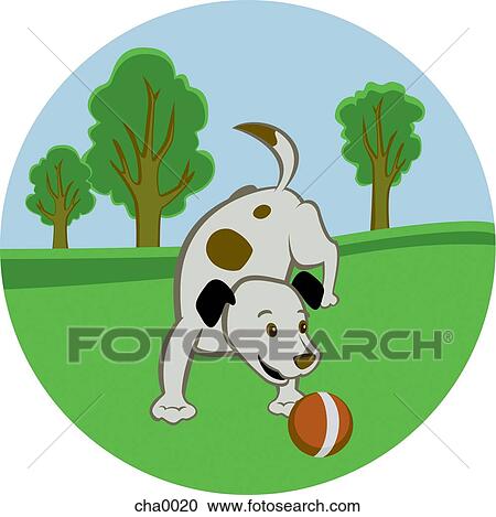 Clipart - A dog playing with a ball in the park. Fotosearch