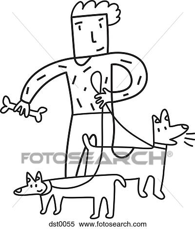 Stock Illustration - A dog walker with two dogs. Fotosearch
