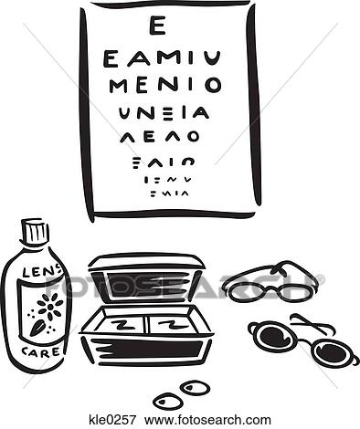 Stock Illustration - A eye test chart, contact lenses, glasses and lens cleaner. Fotosearch