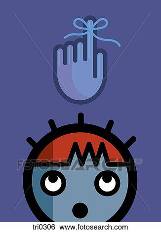A face and a hand with string tied in a bow around one finger View Large Illustration Stock Illustration - A face and a hand with string tied in a bow around one finger. Fotosearch